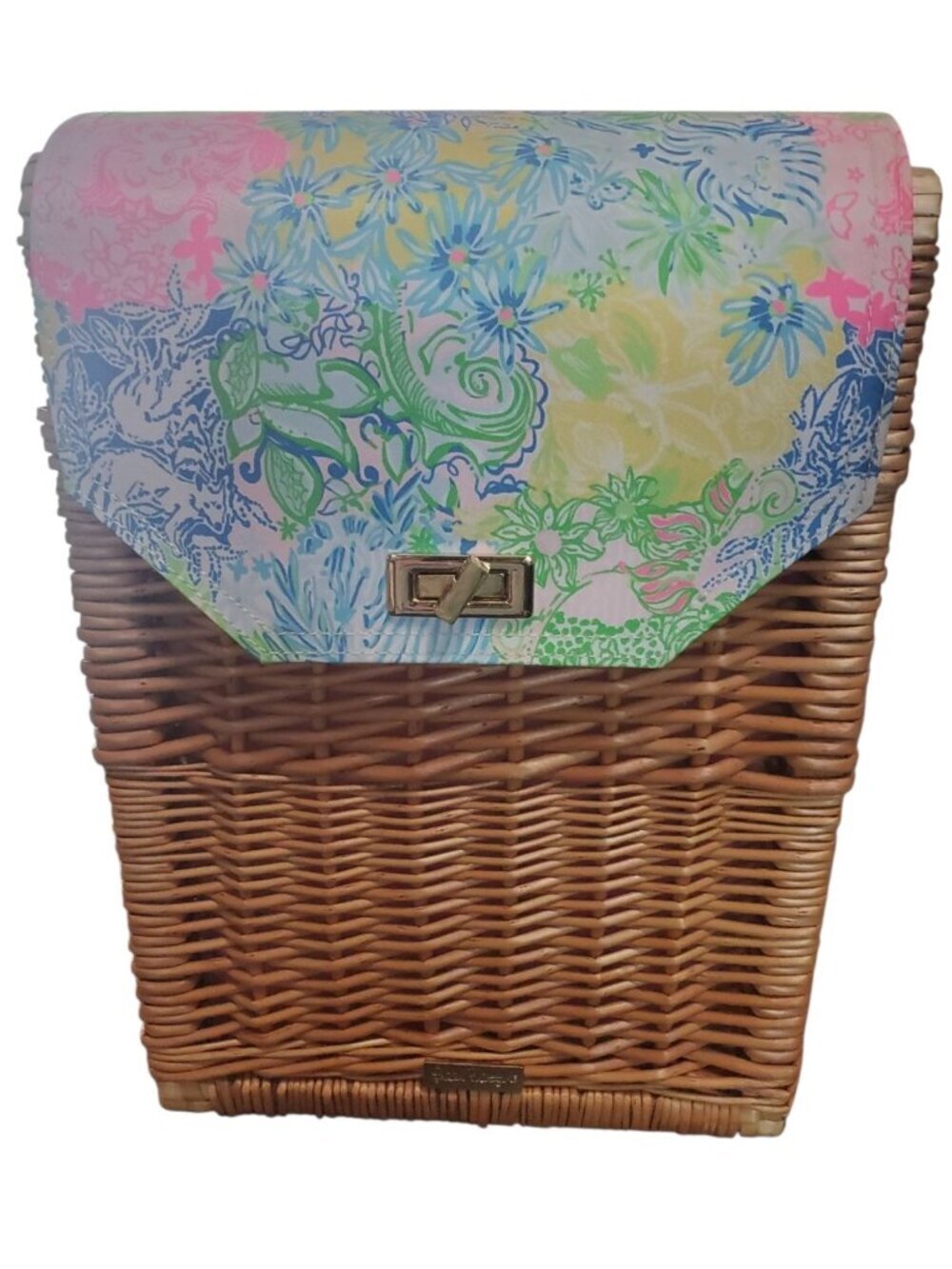 Lilly Pulitzer Wicker Picnic Basket Crossbody Bag Floral Print Pink Wine Carrier